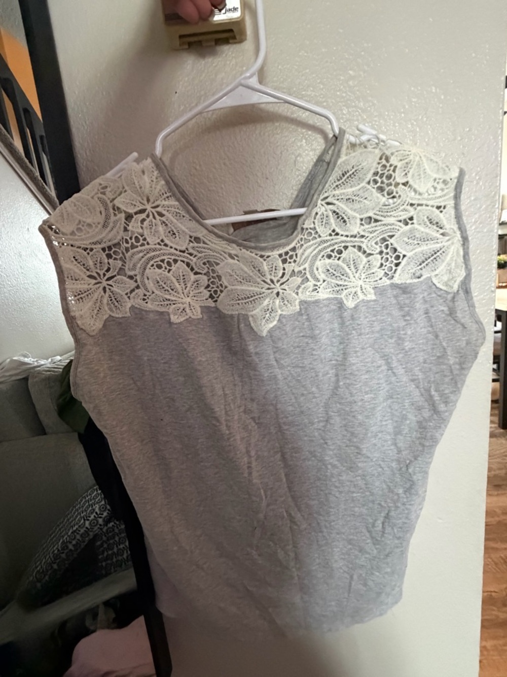 LOFT Gray Tank with Ivory Crochet Detail